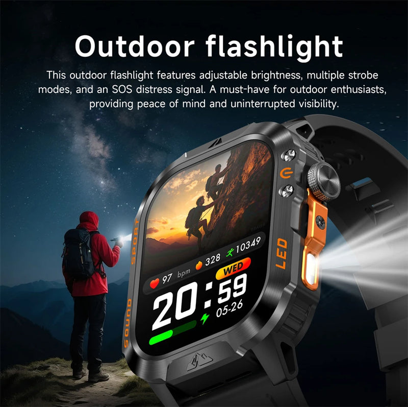 Military Smartwatch 1200mAh – Bluetooth Calls, Heart Rate & 5ATM Waterproof