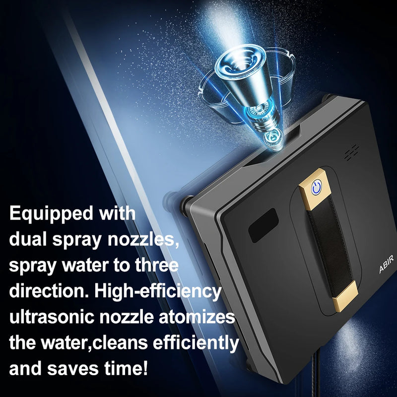 ABIR WD8 robot window cleaner dual spray nozzles — ultrasonic atomization sprays water in three directions for high-efficiency cleaning