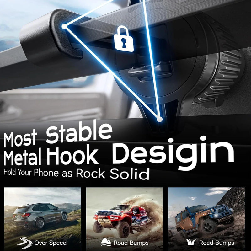Lekente magnetic car charger — stable metal hook air vent design, holds phone securely over speed bumps and rough roads