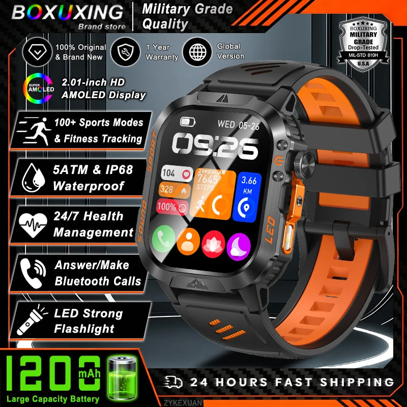 Military Smartwatch 1200mAh – Bluetooth Calls, Heart Rate & 5ATM Waterproof