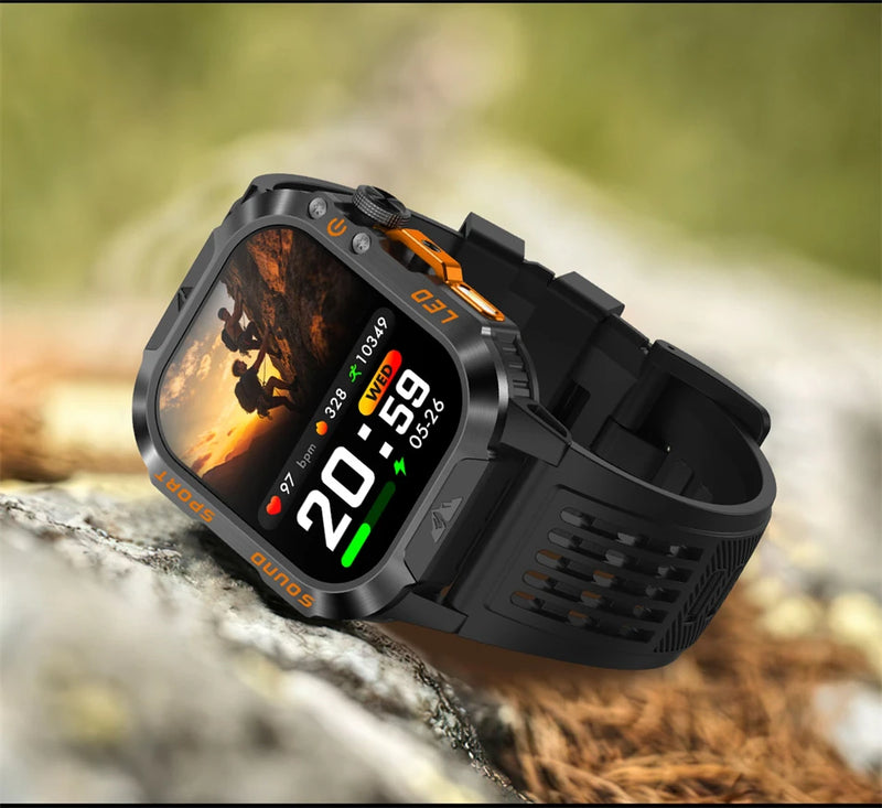 Military Smartwatch 1200mAh – Bluetooth Calls, Heart Rate & 5ATM Waterproof