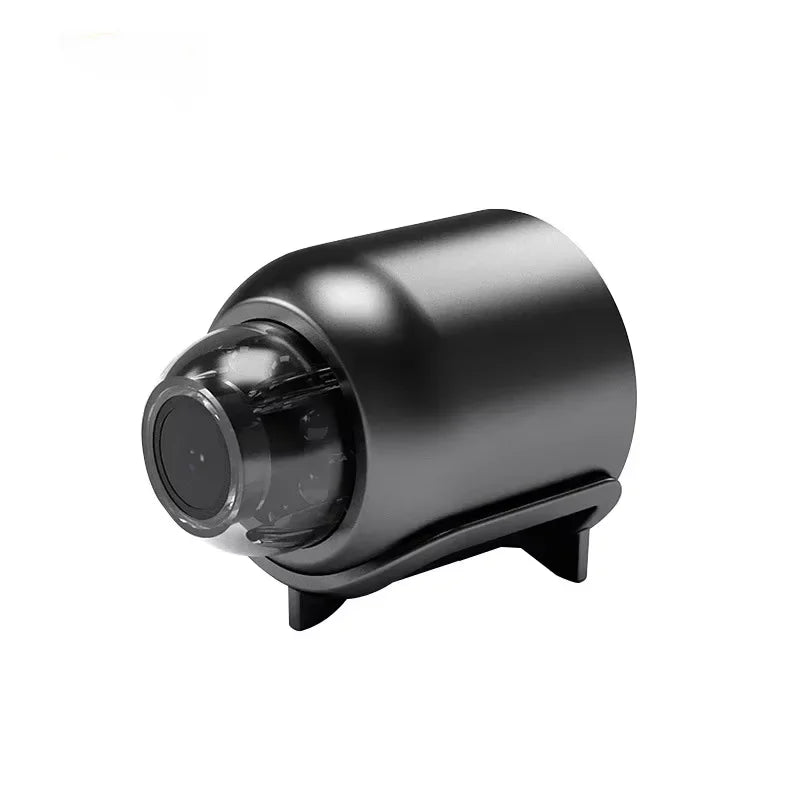 Mini WiFi security camera X5 — black cylindrical body on white background, angled product shot showing lens detail