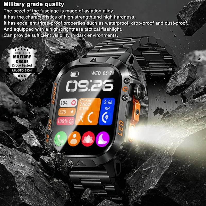 Military Smartwatch 1200mAh – Bluetooth Calls, Heart Rate & 5ATM Waterproof