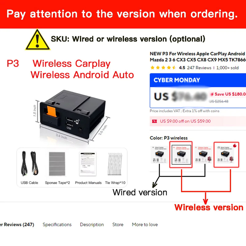 Mazda CarPlay Android Auto adapter with P3 Wireless Carplay and Android Auto kit, highlighting USB and wireless options.