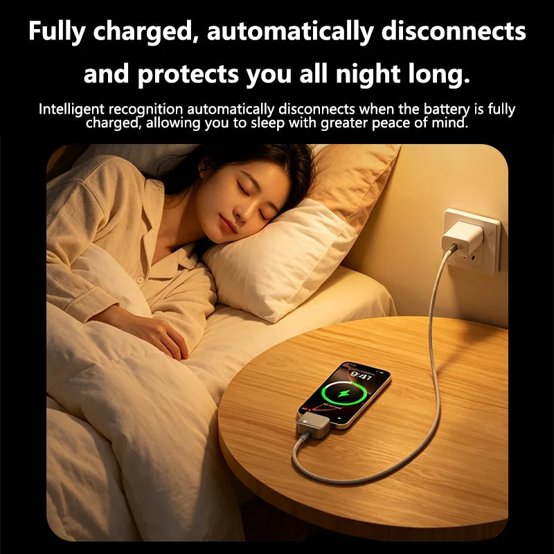 140W USB-C smart charger auto-disconnecting overnight while phone charges on bedside table