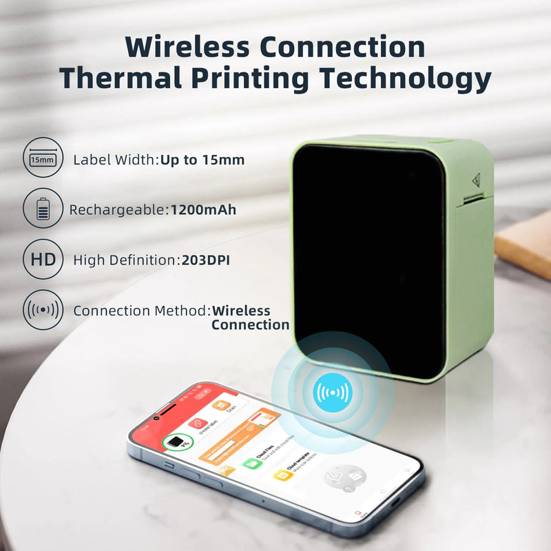 	Marklife P15 label printer — app interface showing label design templates for home and office organisation