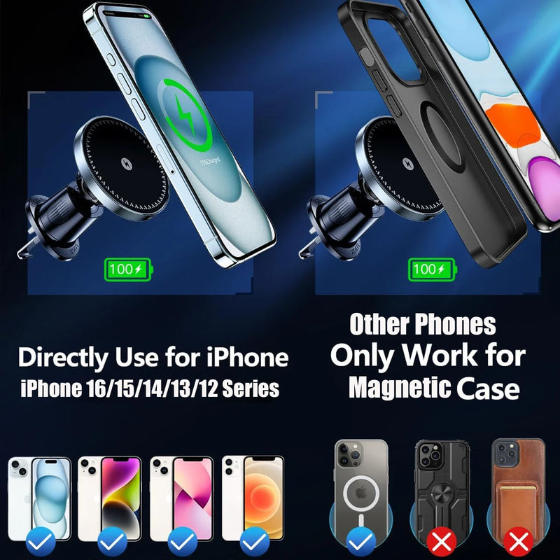 Lekente magnetic wireless car charger — compatible with iPhone 16/15/14/13/12 series directly, other phones require magnetic case