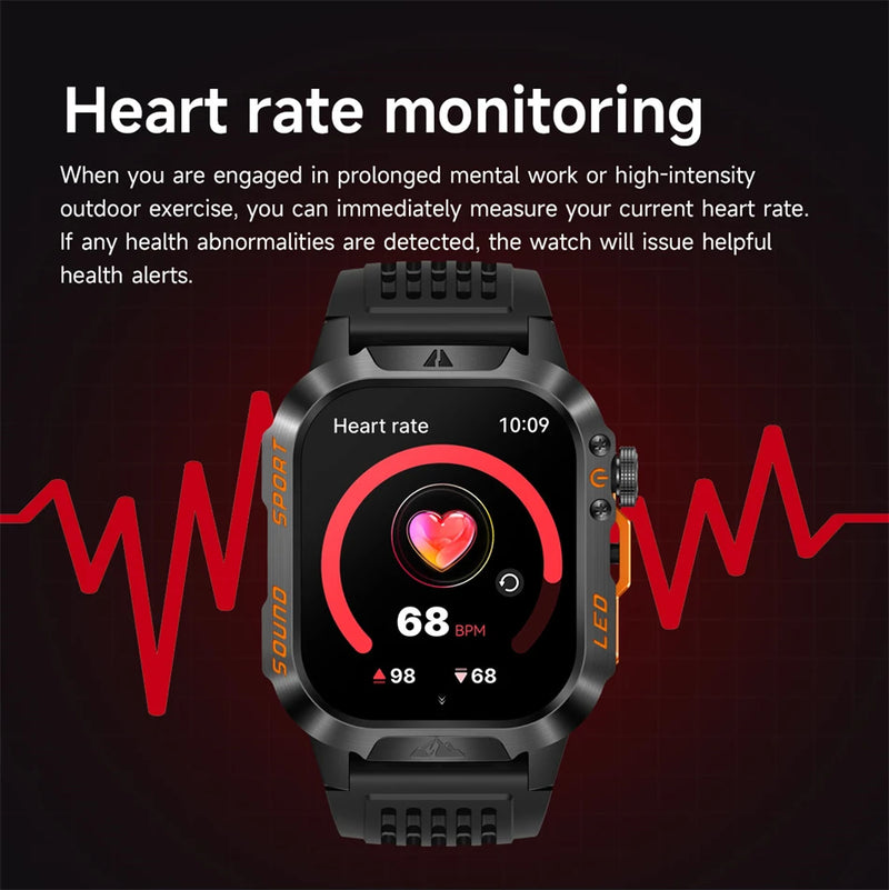 Military Smartwatch 1200mAh – Bluetooth Calls, Heart Rate & 5ATM Waterproof