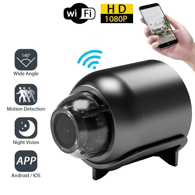 Mini WiFi security camera X5 1080P — key features: WiFi HD 1080P, 140° wide angle, motion detection, night vision, Android and iOS app