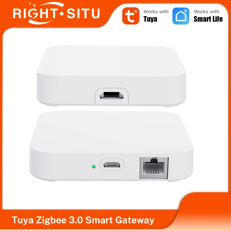 	Right Situ Tuya Zigbee 3.0 smart gateway — white compact hub, front and rear view showing micro-USB power and RJ45 ethernet port, works with Tuya and Smart Life