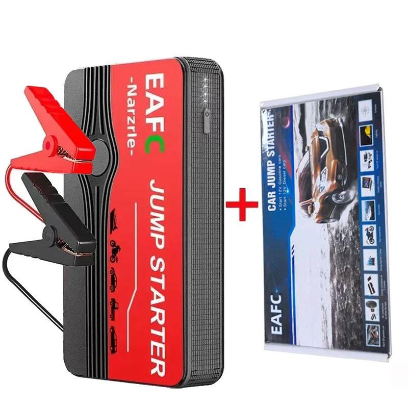 	EAFC 12V car jump starter — red slim design with LCD display showing 100% charge, 5.0V 2.4A output, with carrying case