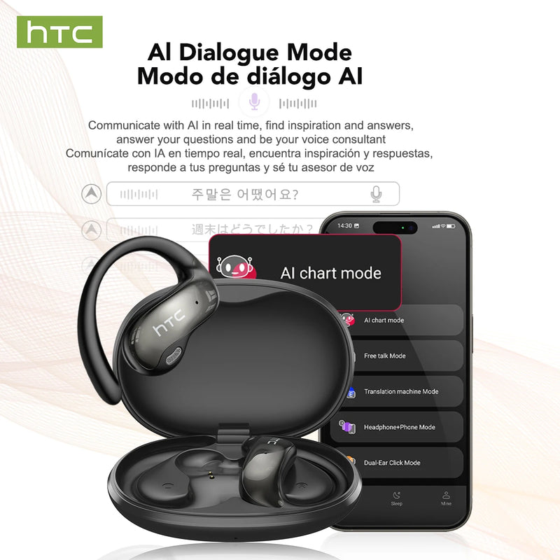 	HTC NE19 AI translation earbuds — real-time AI translation feature highlight, translates 134 languages instantly