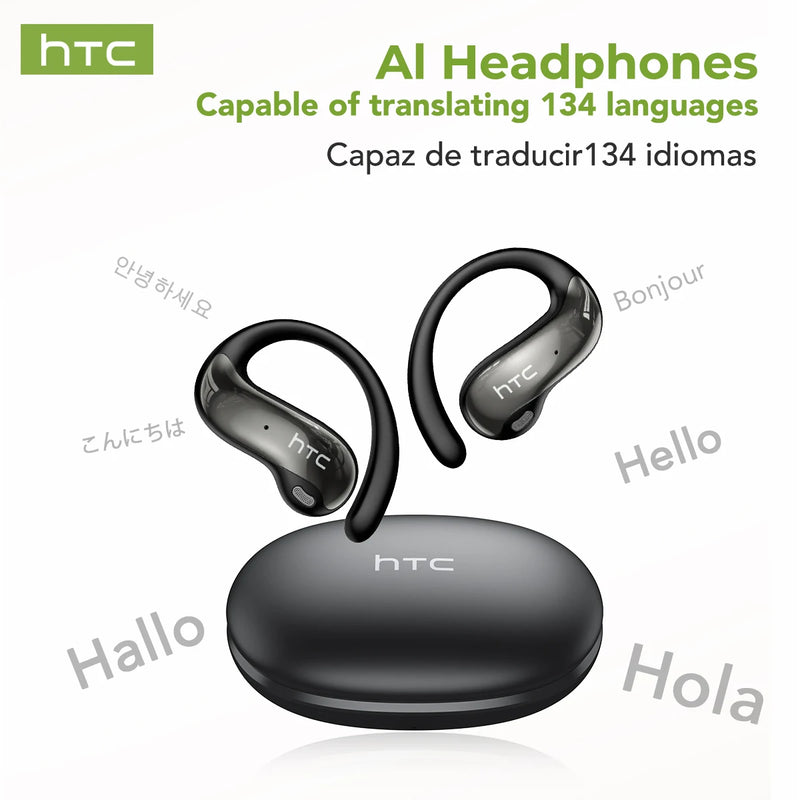 HTC AI Headphones with language translation capabilities on a white background