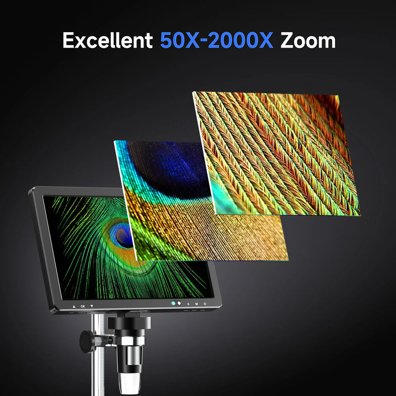 Microscope with digital display showing detailed images and text 'Excellent 50X-2000X Zoom' on a dark background.