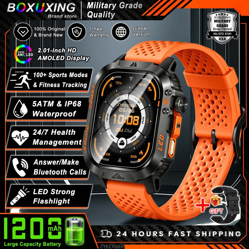 Military Smartwatch 1200mAh – Bluetooth Calls, Heart Rate & 5ATM Waterproof