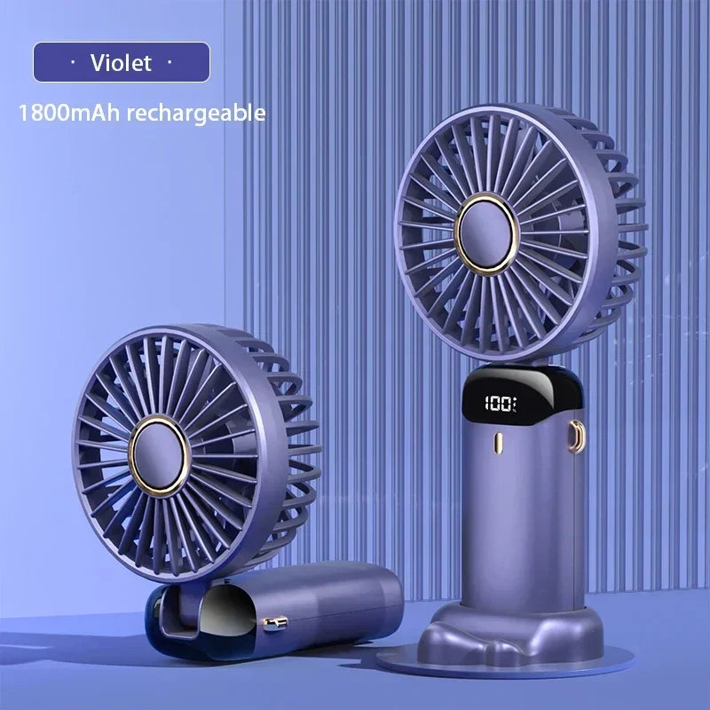 Violet rechargeable fan with digital display on a blue background