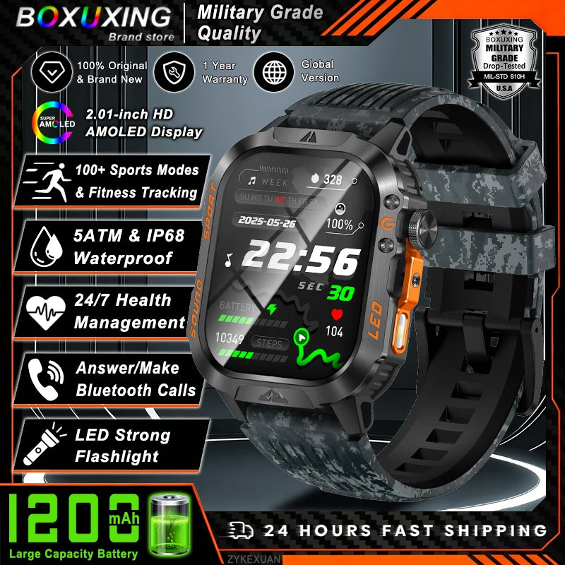 Military Smartwatch 1200mAh – Bluetooth Calls, Heart Rate & 5ATM Waterproof