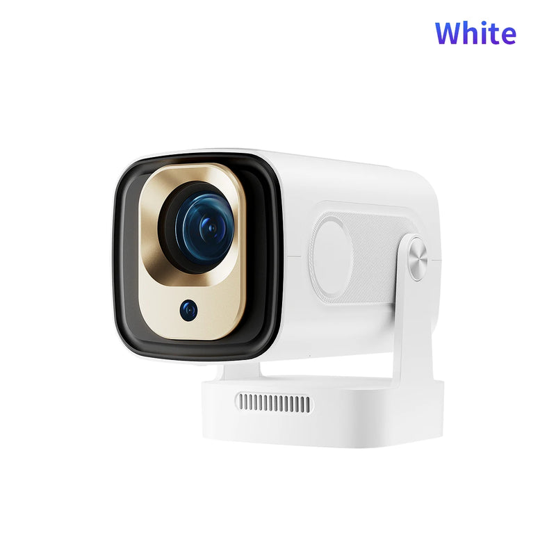 Magcubic HY310 projector — white colour variant, front view showing gold lens bezel and side speaker grille