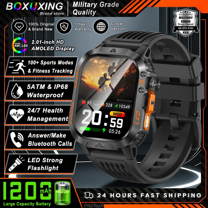Military Smartwatch 1200mAh – Bluetooth Calls, Heart Rate & 5ATM Waterproof