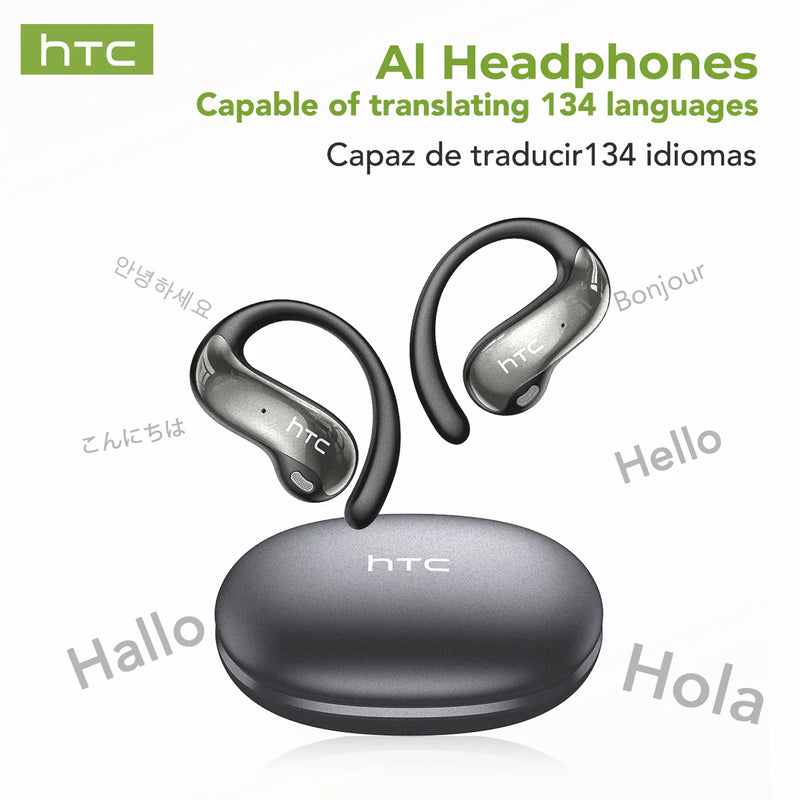 HTC AI Headphones with charging case on a white background