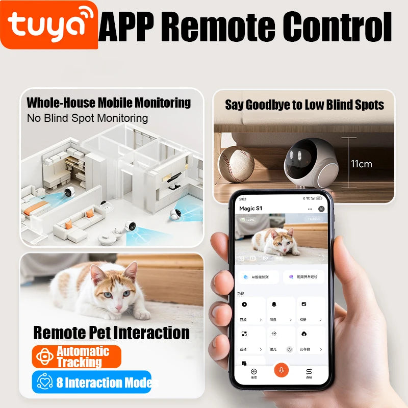 Smart robot security camera Tuya app showing whole-house mobile monitoring, remote pet interaction and 8 interaction modes