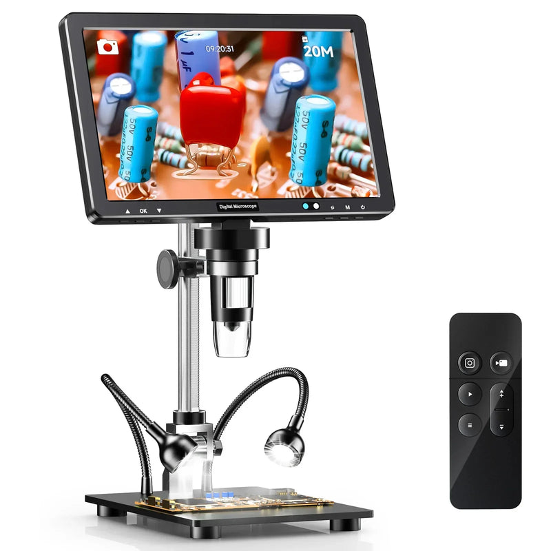 Digital Microscope 2000X DM12 — 10.1" HDMI IPS screen with adjustable metal stand and dual LED gooseneck lights