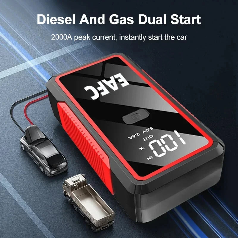 EAFC 12V car jump starter 600A — black and red design with jumper clamps and carrying case