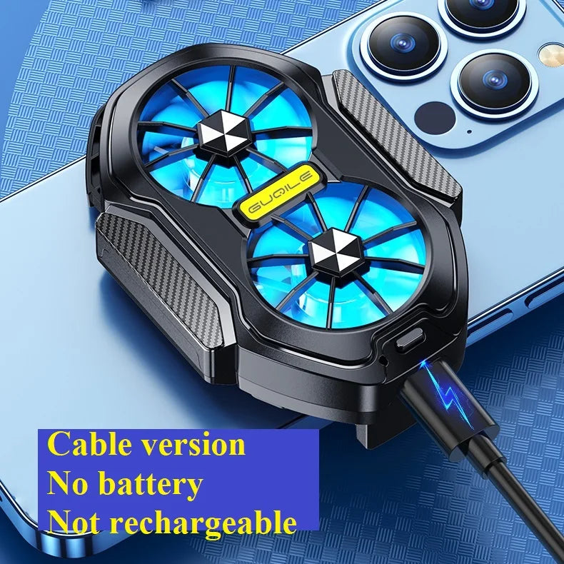 	Guoile mobile phone cooler dual fan cable version — no battery, not rechargeable, USB-C powered, attached to smartphone