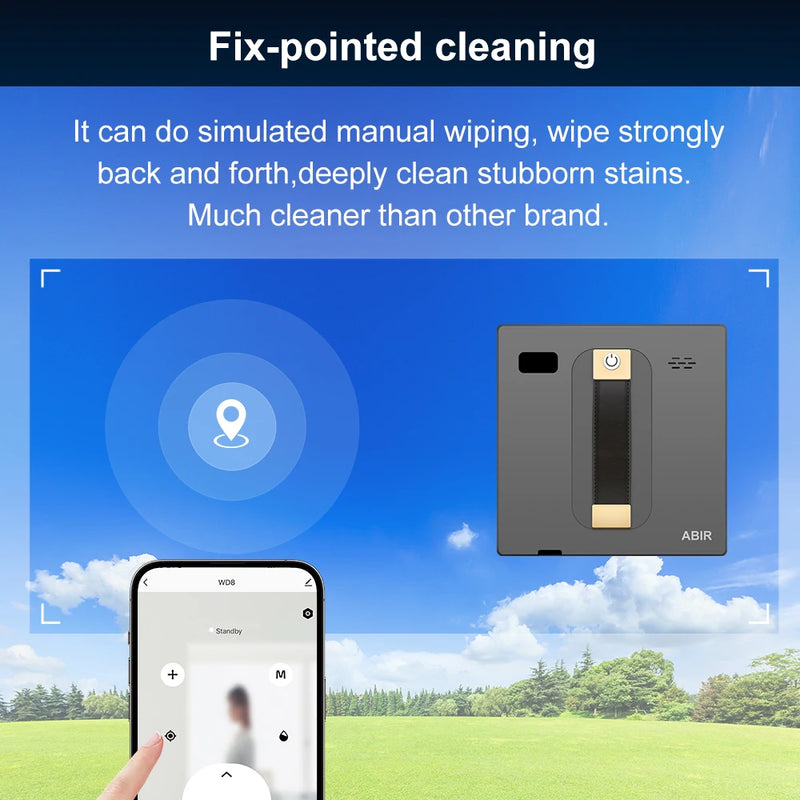 ABIR WD8 robot window cleaner fix-pointed cleaning mode — simulated manual wiping via app to remove stubborn stains