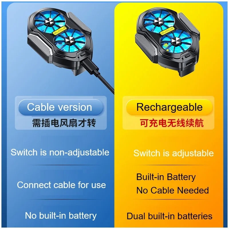 Image comparing cable version and rechargeable mobile phone cooler with dual fans and adjustable switch.