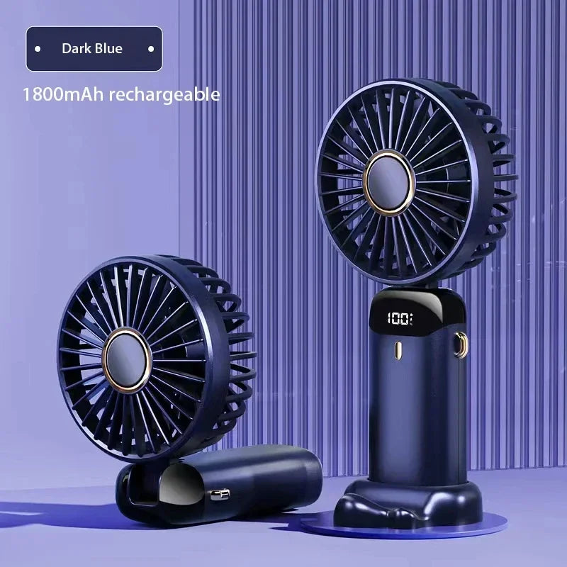 	Portable mini neck fan dark blue — 1800mAh rechargeable, folded and upright positions
