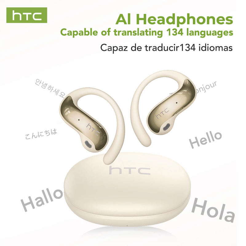 HTC AI Headphones with language translation capabilities on a white background