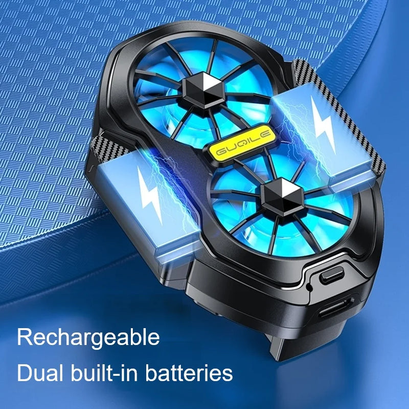 Guoile rechargeable mobile phone cooler dual fan with blue LED — dual built-in batteries, close-up view