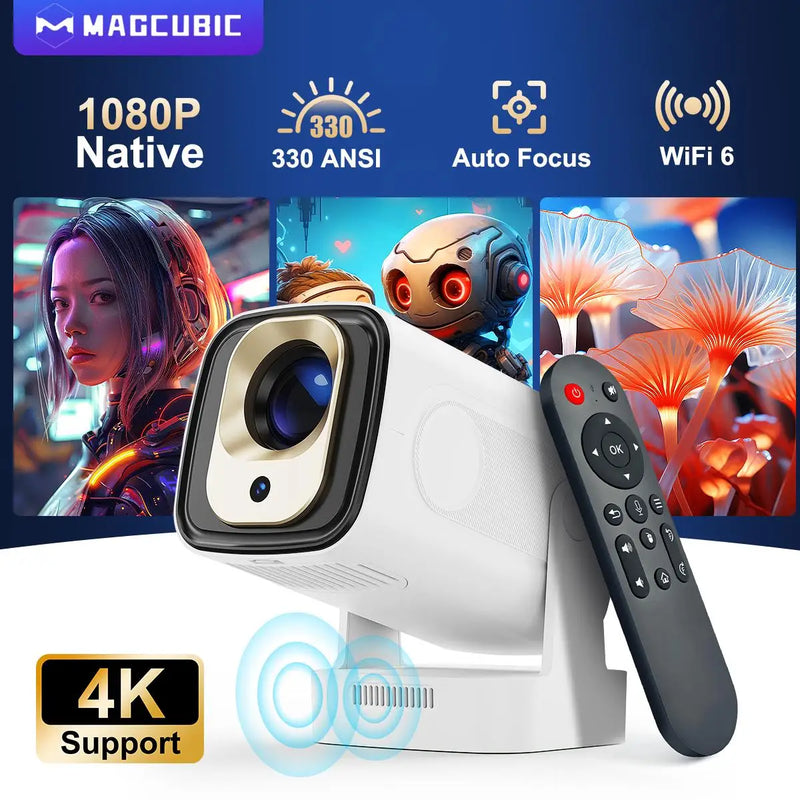 	Magcubic HY310 projector 4K native 1080P Android 11 — white and gold design, front view with tiltable base