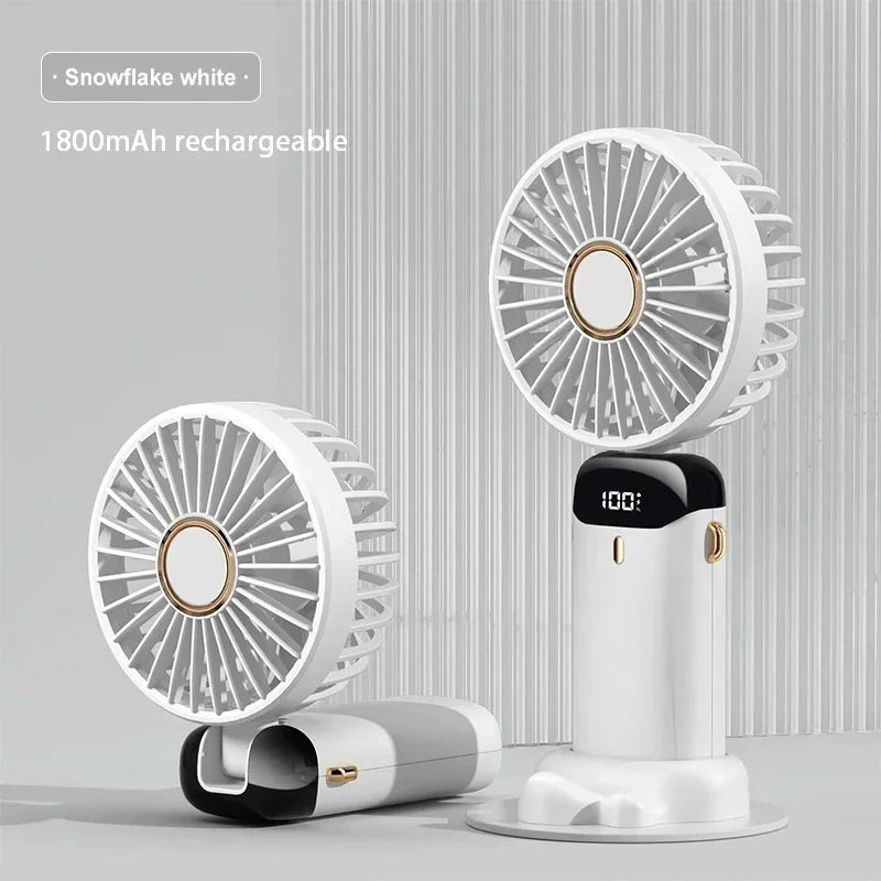 	Portable mini neck fan snowflake white — 1800mAh rechargeable, folded and upright positions