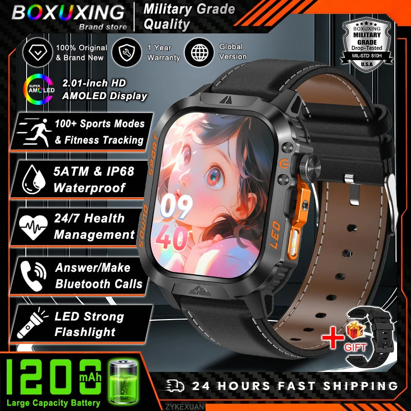 Military Smartwatch 1200mAh – Bluetooth Calls, Heart Rate & 5ATM Waterproof