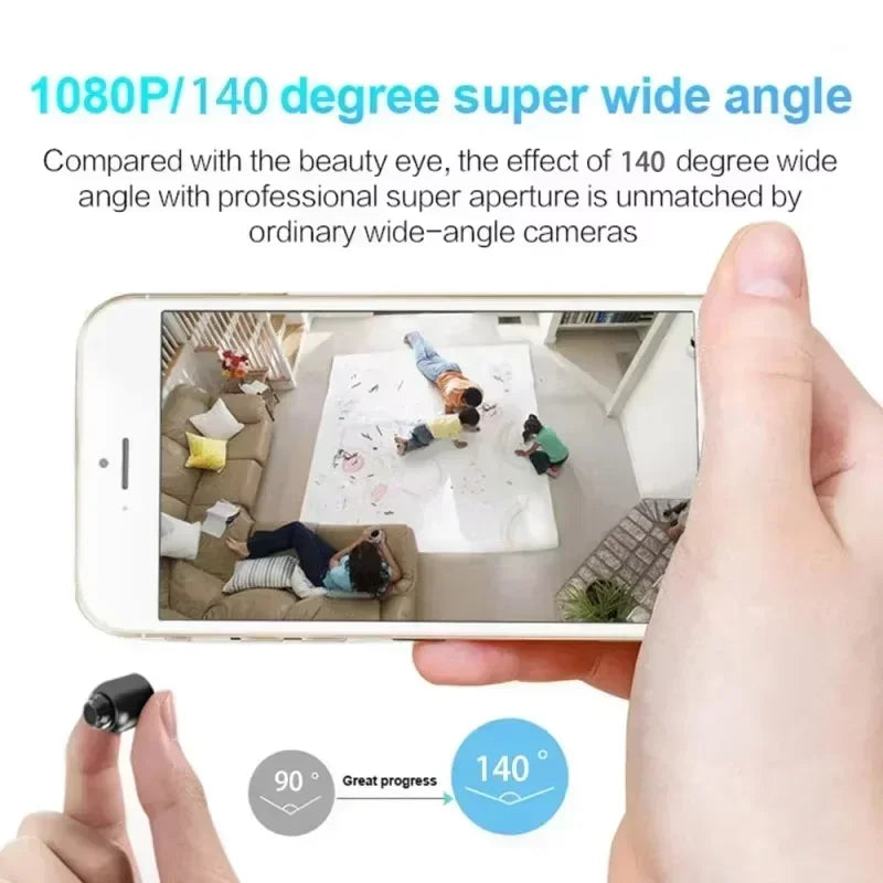 Mini WiFi security camera X5 — 1080P 140° super wide angle live view on smartphone showing top-down room coverage
