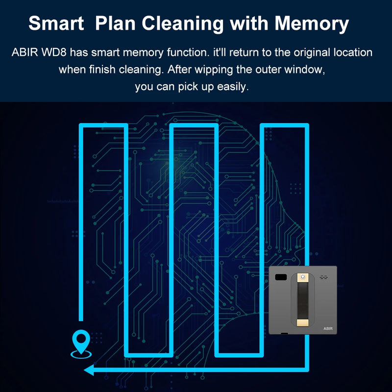 ABIR WD8 robot window cleaner smart plan cleaning with memory — returns to original start position after completing window cleaning route
