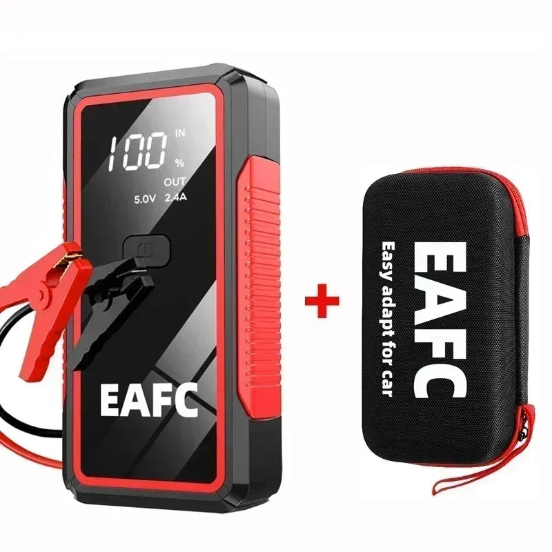 EAFC 12V car jump starter — Narrzle edition, slim black design with jumper clamps and carrying case