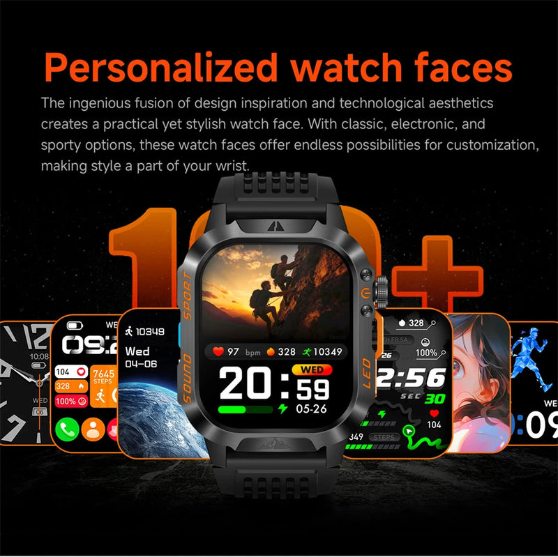 Military Smartwatch 1200mAh – Bluetooth Calls, Heart Rate & 5ATM Waterproof