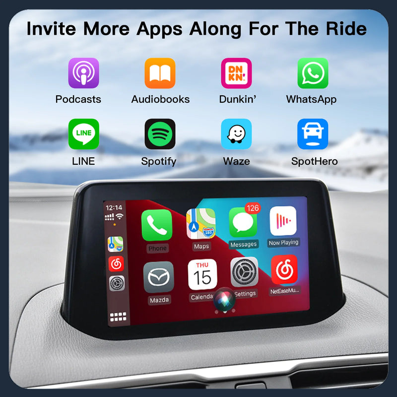 Mazda CarPlay Android Auto adapter showing apps like Spotify and WhatsApp for an improved driving experience.