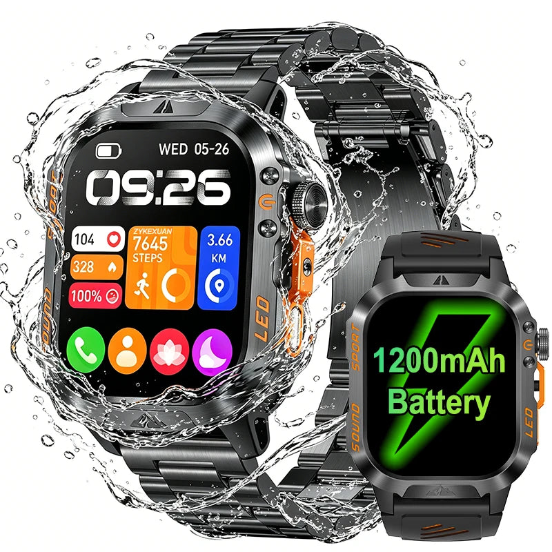 Military Smartwatch 1200mAh – Bluetooth Calls, Heart Rate & 5ATM Waterproof