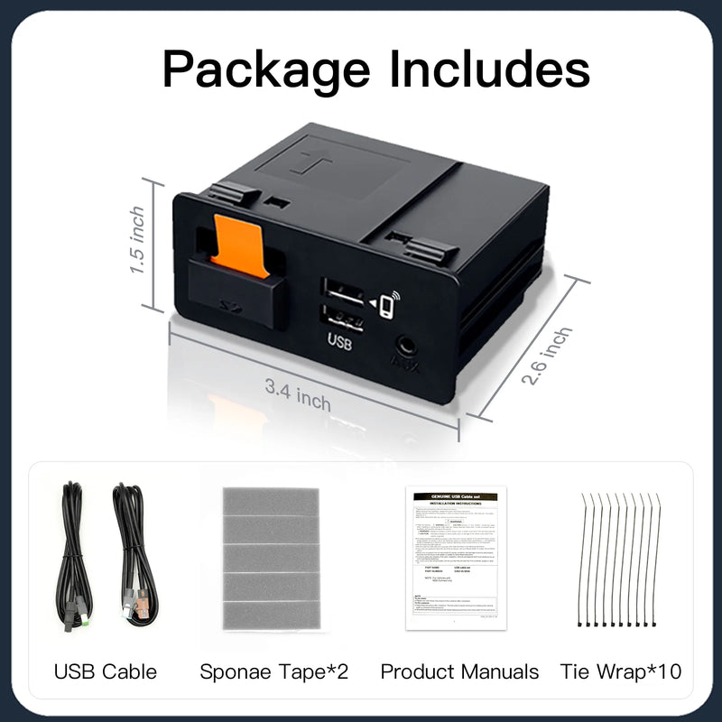 Mazda CarPlay Android Auto adapter USB hub — package contents including USB cable, sponge tape, product manual and tie wraps, dimensions 3.4 x 2.6 x 1.5 inch
