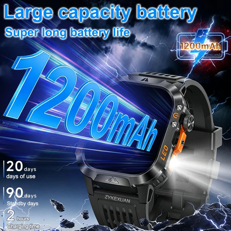 Military Smartwatch 1200mAh – Bluetooth Calls, Heart Rate & 5ATM Waterproof