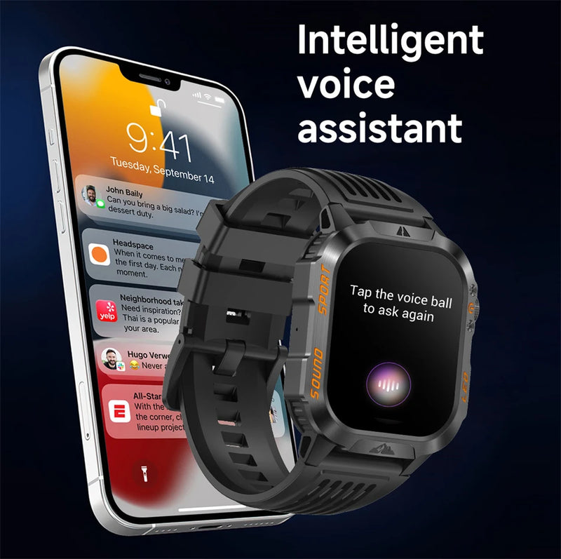 Military Smartwatch 1200mAh – Bluetooth Calls, Heart Rate & 5ATM Waterproof