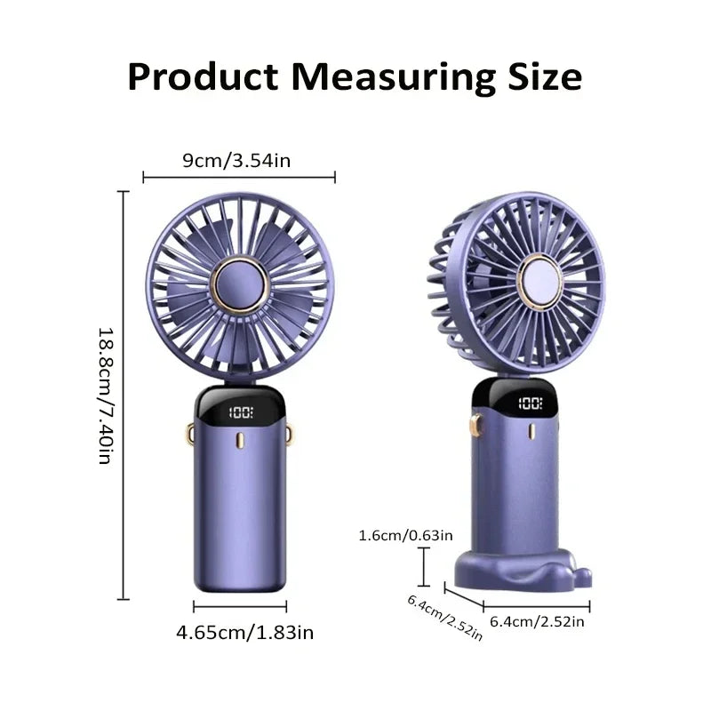 Portable mini neck fan product measuring size — 9cm wide, 18.8cm tall, violet colour