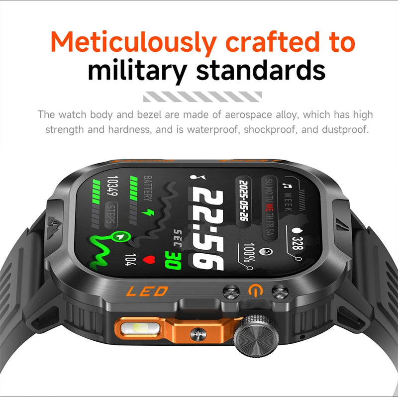 Military Smartwatch 1200mAh – Bluetooth Calls, Heart Rate & 5ATM Waterproof