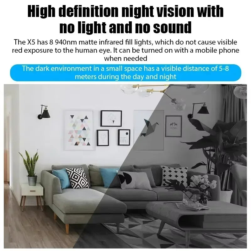 Mini WiFi security camera X5 — 940nm infrared night vision, 5–8 metre range with no visible red light, silent operation