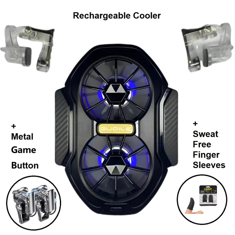Guoile rechargeable mobile phone cooler dual fan — bundle with metal game buttons and sweat-free finger sleeves