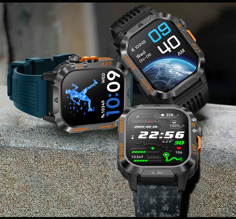 Military Smartwatch 1200mAh – Bluetooth Calls, Heart Rate & 5ATM Waterproof